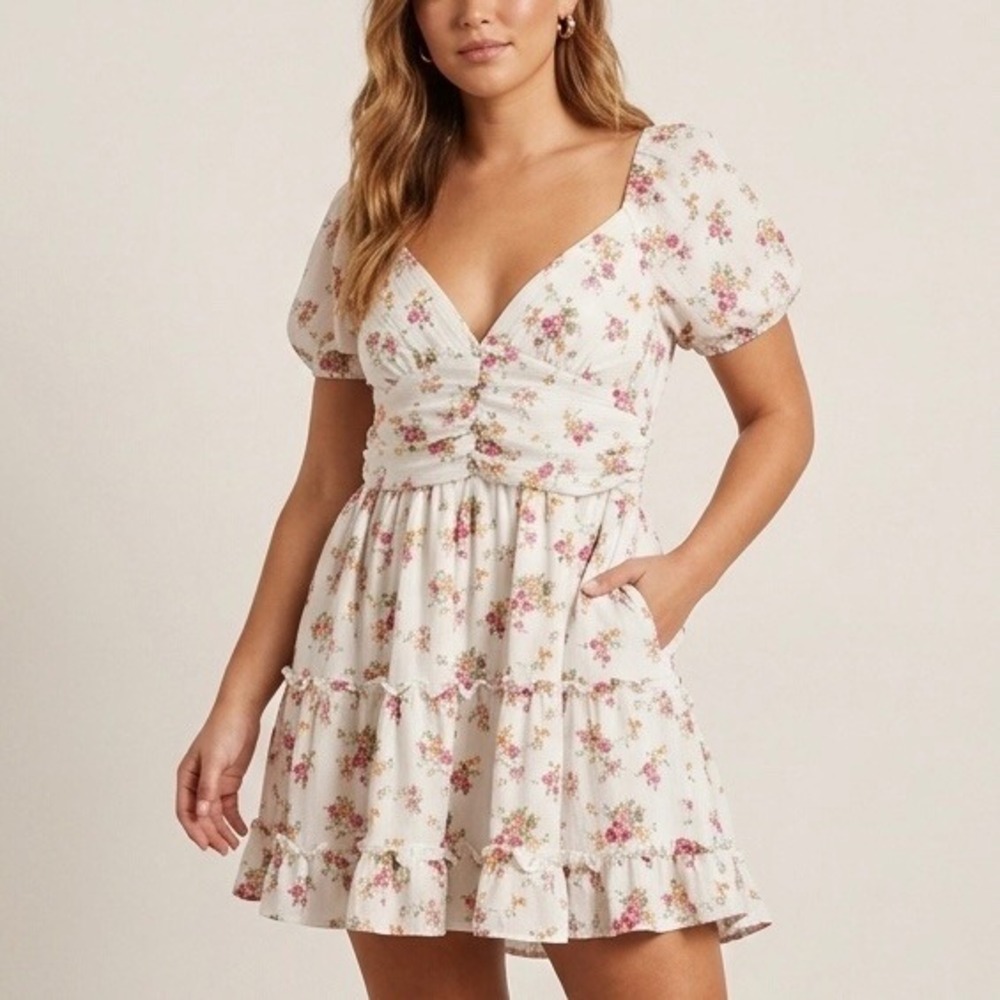 Altar'd State‎ XL Floral Puff Sleeve Mini Babydoll Dress Tiered Ruffle Cottage